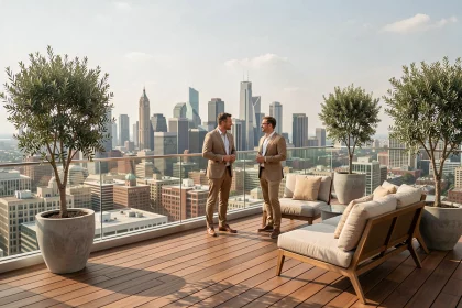 Couple sur la terrasse privée d'un penthouse avec vue panoramique sur les toits de la ville