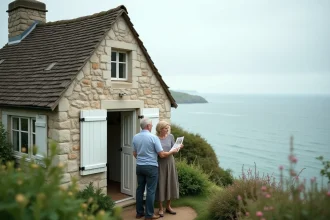 Petit cottage en pierre normande avec vue mer et couple visitant une maison à vendre en Normandie