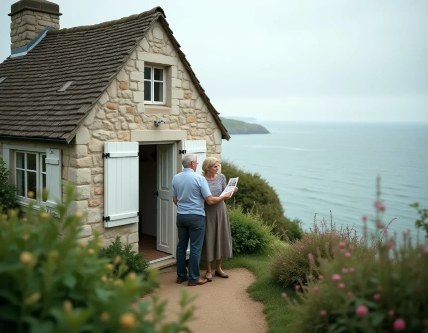 Petit cottage en pierre normande avec vue mer et couple visitant une maison à vendre en Normandie