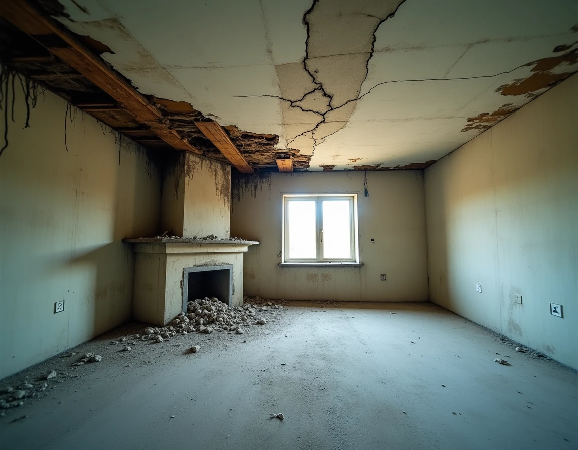 Plafond d'appartement vétuste avec fissures importantes, moisissures et effondrement partiel du plâtre