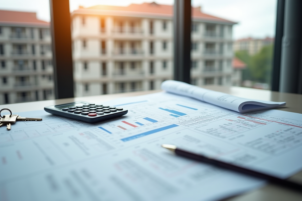 Plan de construction avec clés et factures sur une table