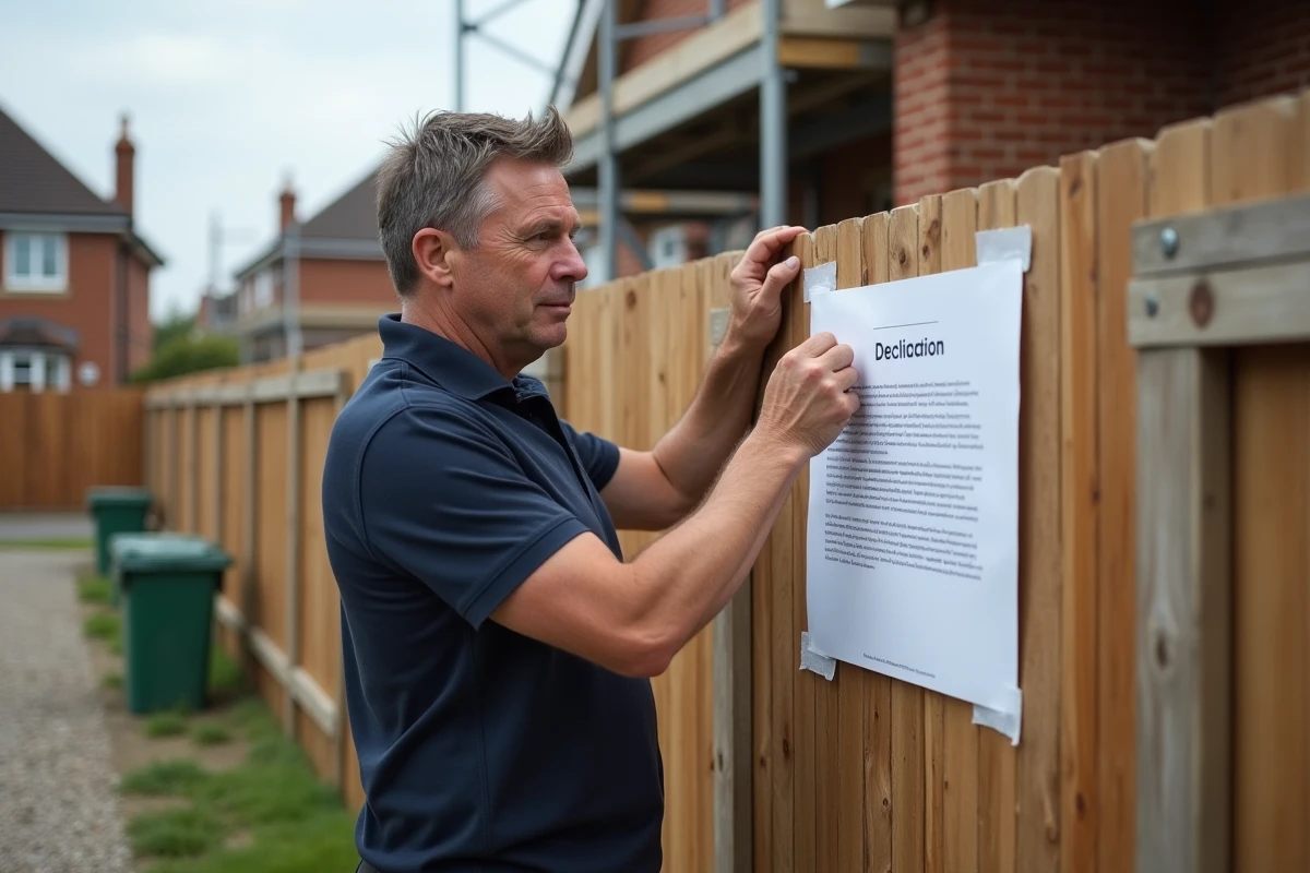 Homme posant un panneau de déclaration de travaux sur un chantier de construction résidentiel