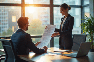 Professionnel d'affaires remettant un rapport à un client dans un bureau lumineux