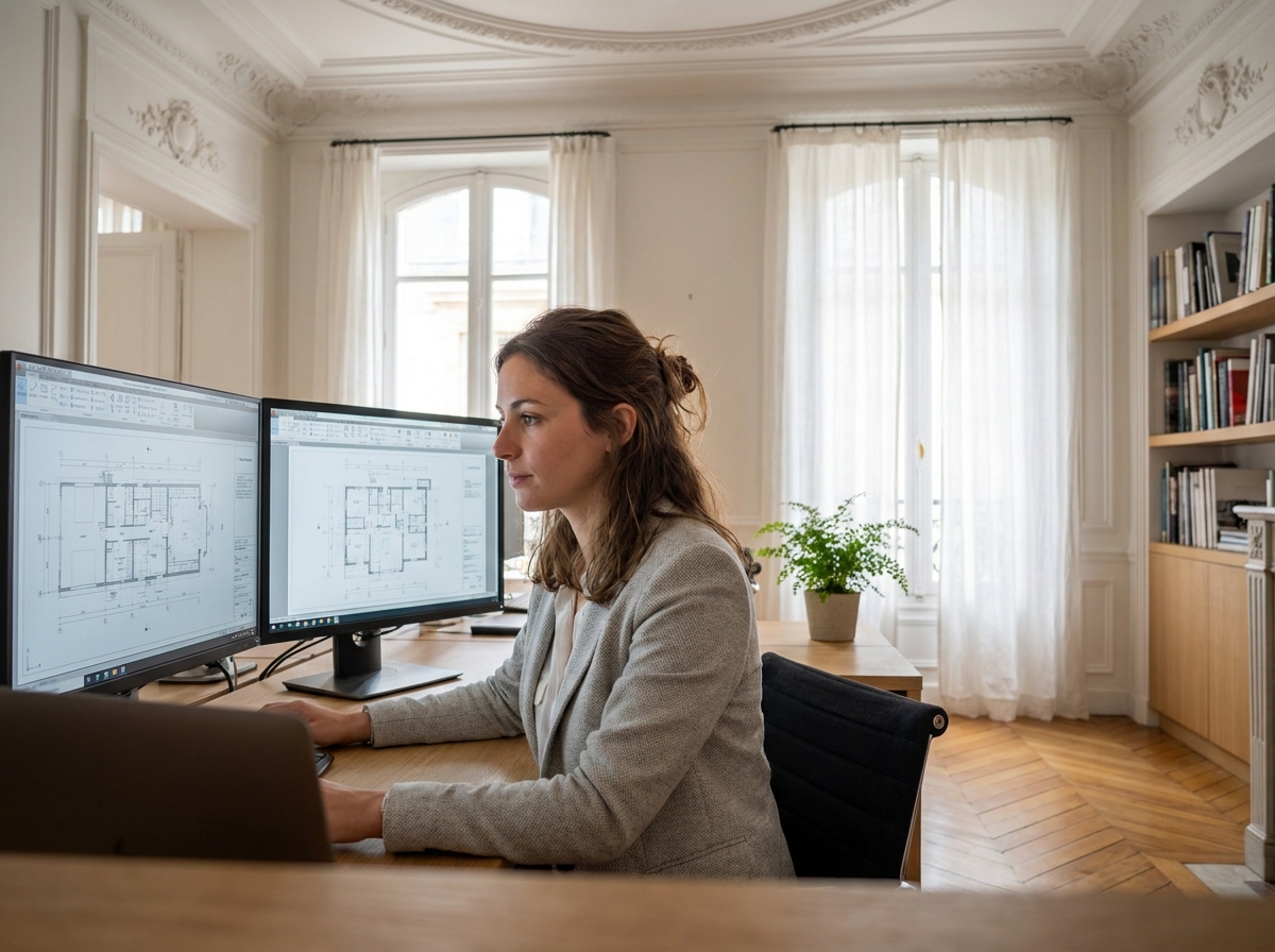 Jeune professionnelle travaillant dans un bureau rénové de style haussmannien à Bordeaux, ambiance élégante et moderne