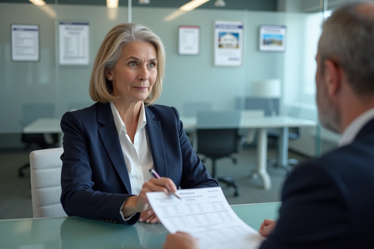 Propriétaire discutant d'un relevé de loyer avec un agent immobilier dans une agence