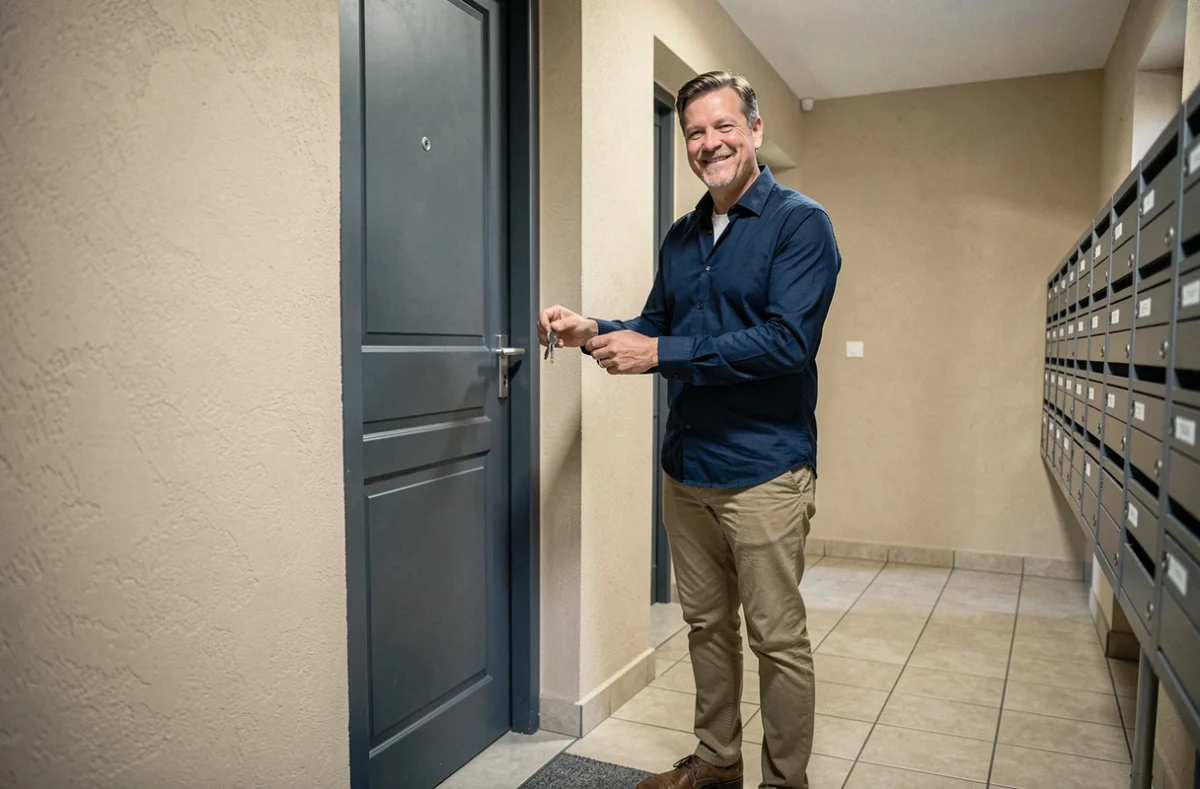 Propriétaire devant la porte de son appartement avec les clés en main, représentant la souscription d'une assurance habitation