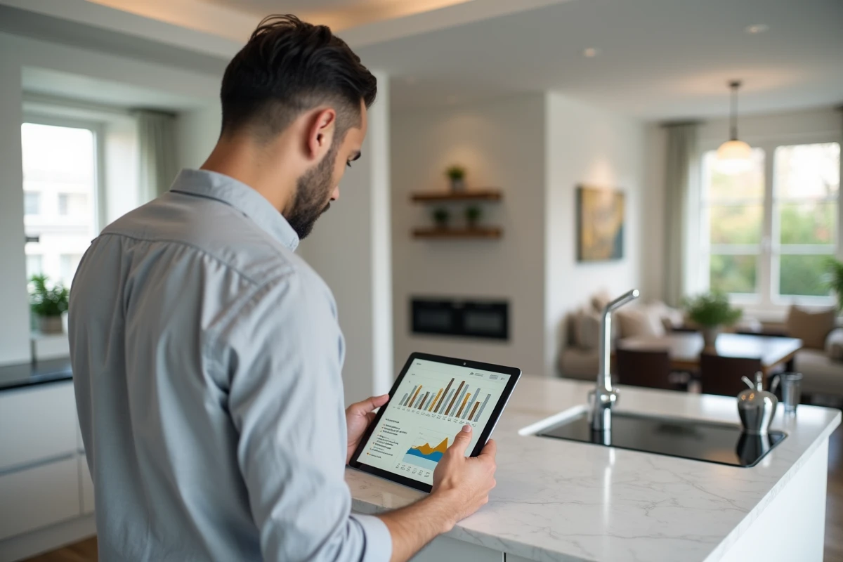 Propriétaire consultant un outil d'estimation immobilière en ligne sur tablette dans sa cuisine moderne