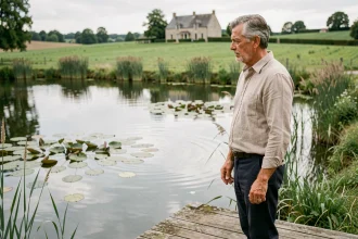 Propriétaire d'un étang privé en France contemplant son plan d'eau depuis un ponton en bois en milieu rural