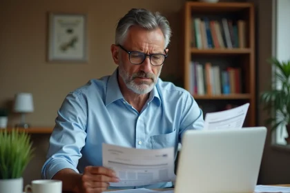 Propriétaire inquiet examinant des relevés de gestion locative à son bureau à domicile