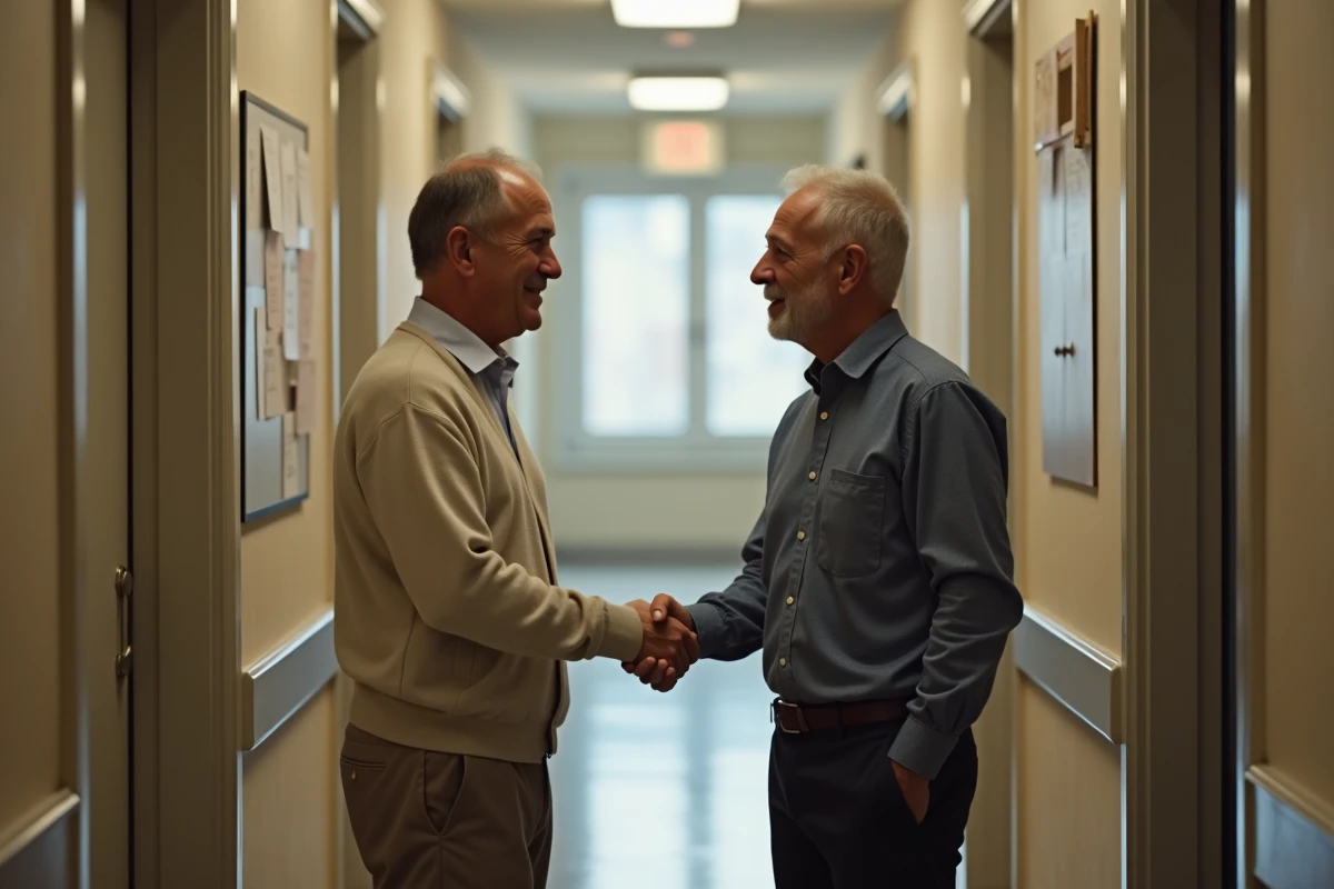 Proprietaire et locataire se serrent la main dans un couloir