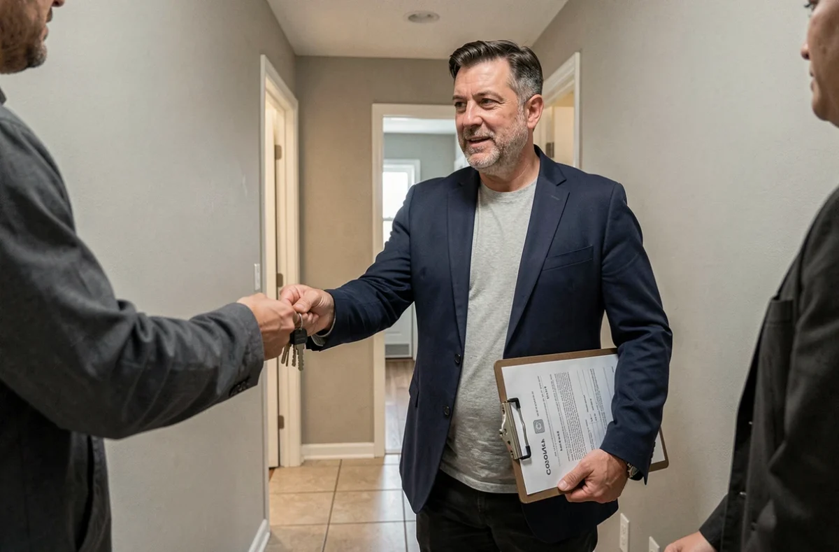 Un propriétaire remettant les clés à plusieurs colocataires dans le couloir d'un appartement avec une attestation officielle