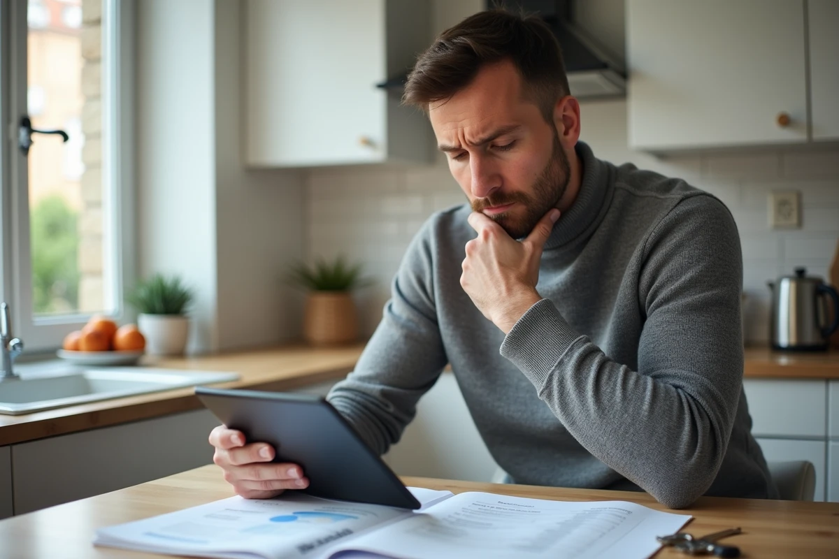 Propriétaire vérifiant le versement du loyer sur une application bancaire et un relevé papier