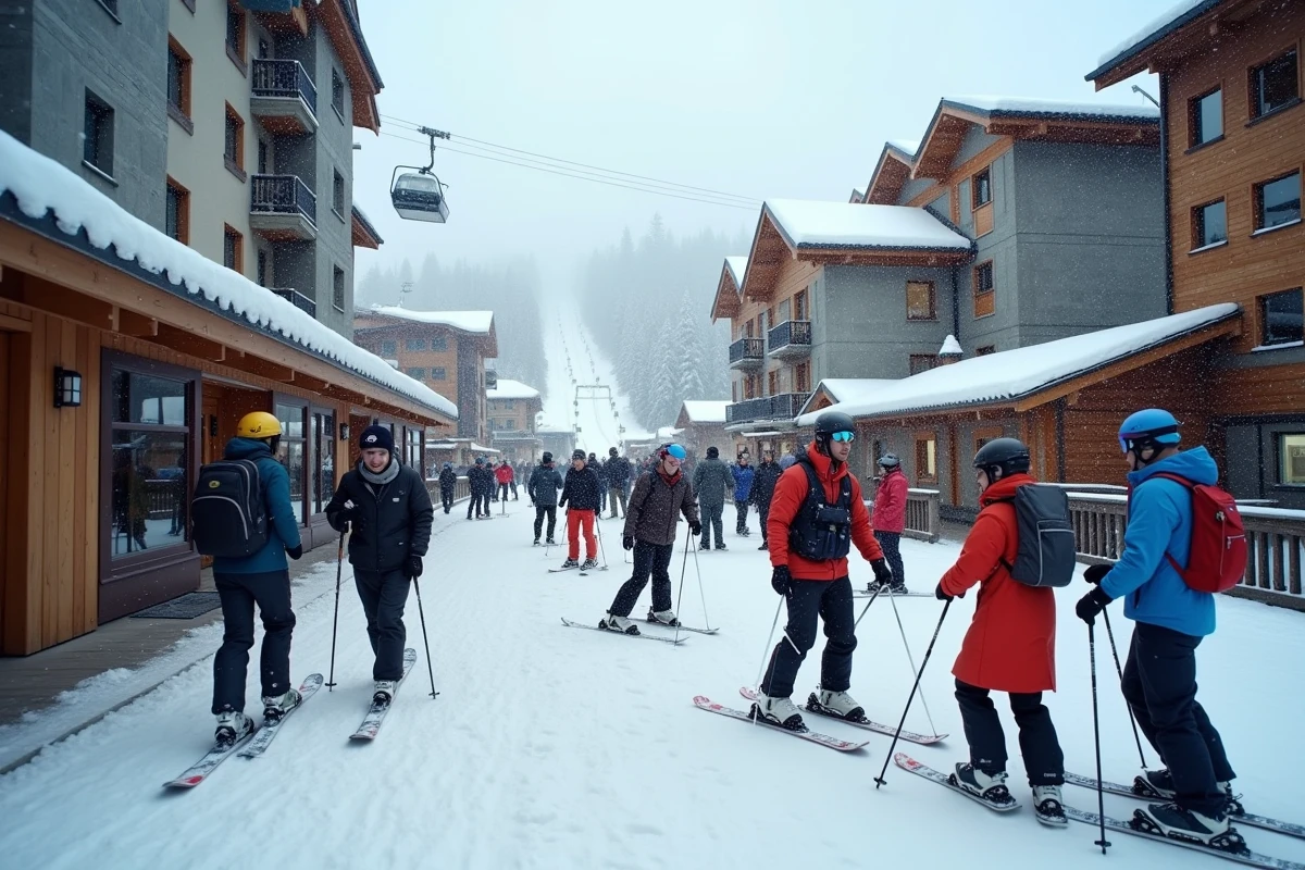 Quartier animé d'une station de ski alpine avec skieurs en fin de journée, remontées mécaniques et architecture de montagne moderne