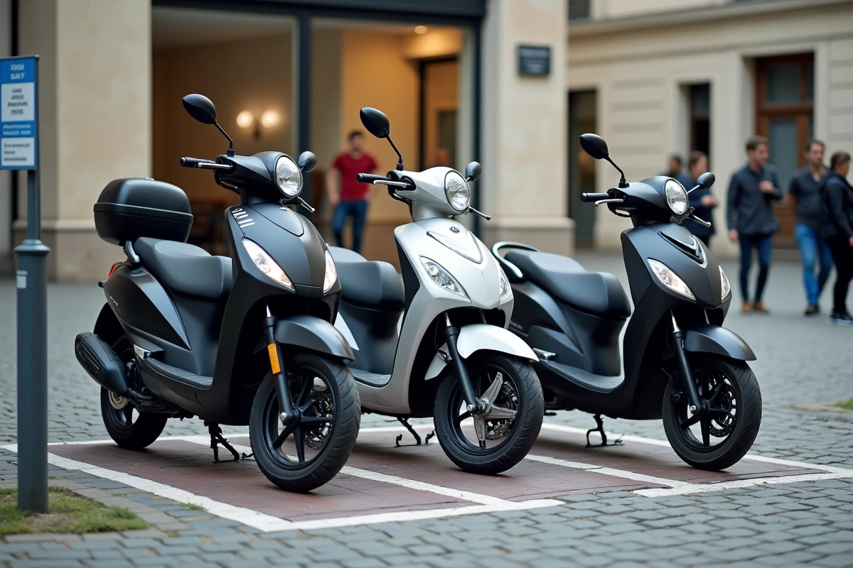 Rangée de motos et scooters garés côte à côte dans des emplacements délimités sur une place en pavés en ville