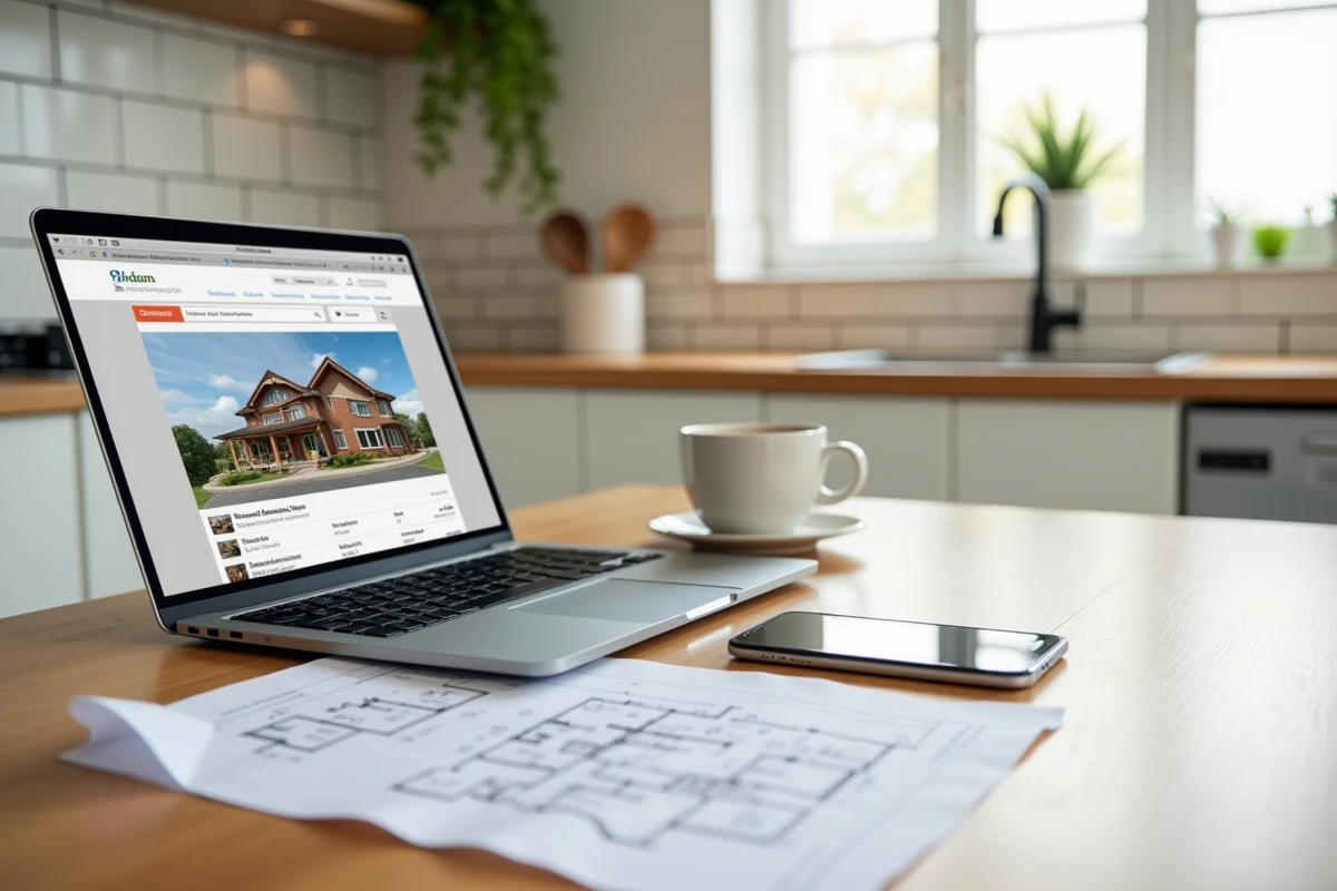 Recherche immobilière en ligne avec plan de maison et notes sur une table de cuisine moderne