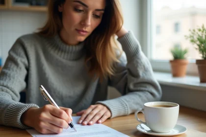Femme rédigeant un préavis de logement d'un mois à la table de sa cuisine
