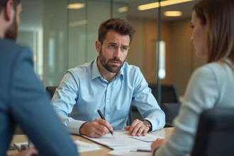 Un homme stressé face à un conseiller bancaire discutant du refus de suspension de crédit immobilier