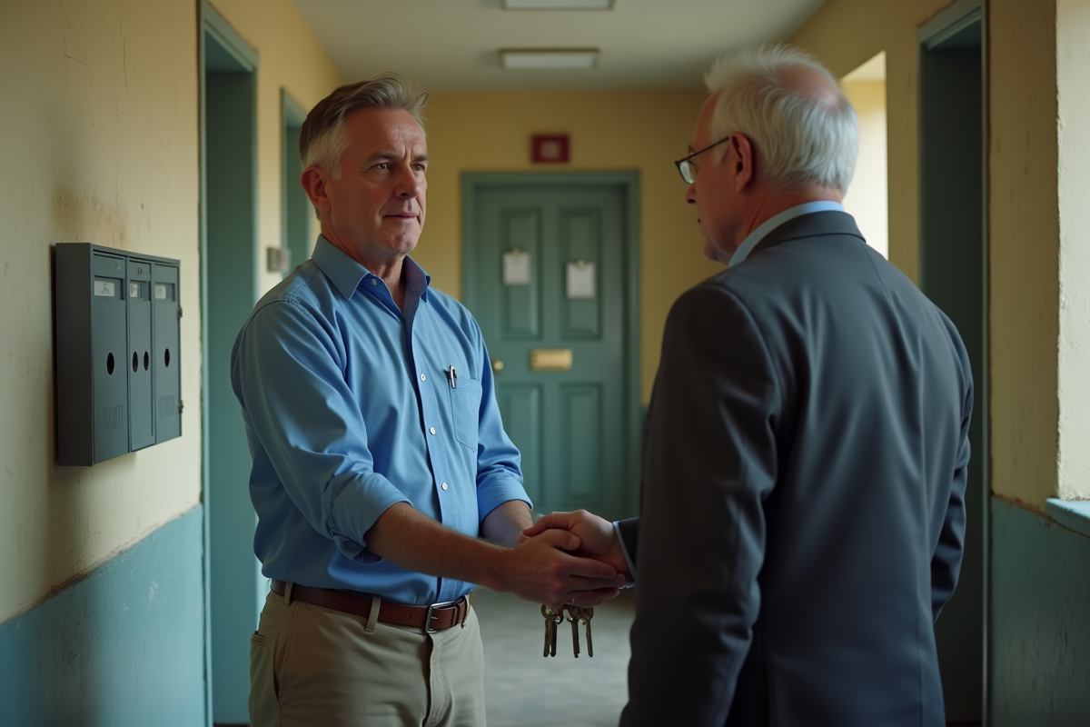 Homme remettant des clés à un propriétaire dans un couloir