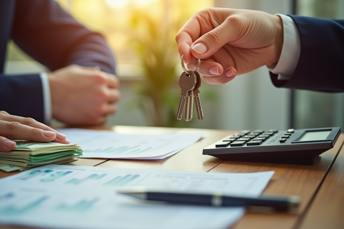Main d’un agent immobilier remettant des clés sur un bureau ensoleille