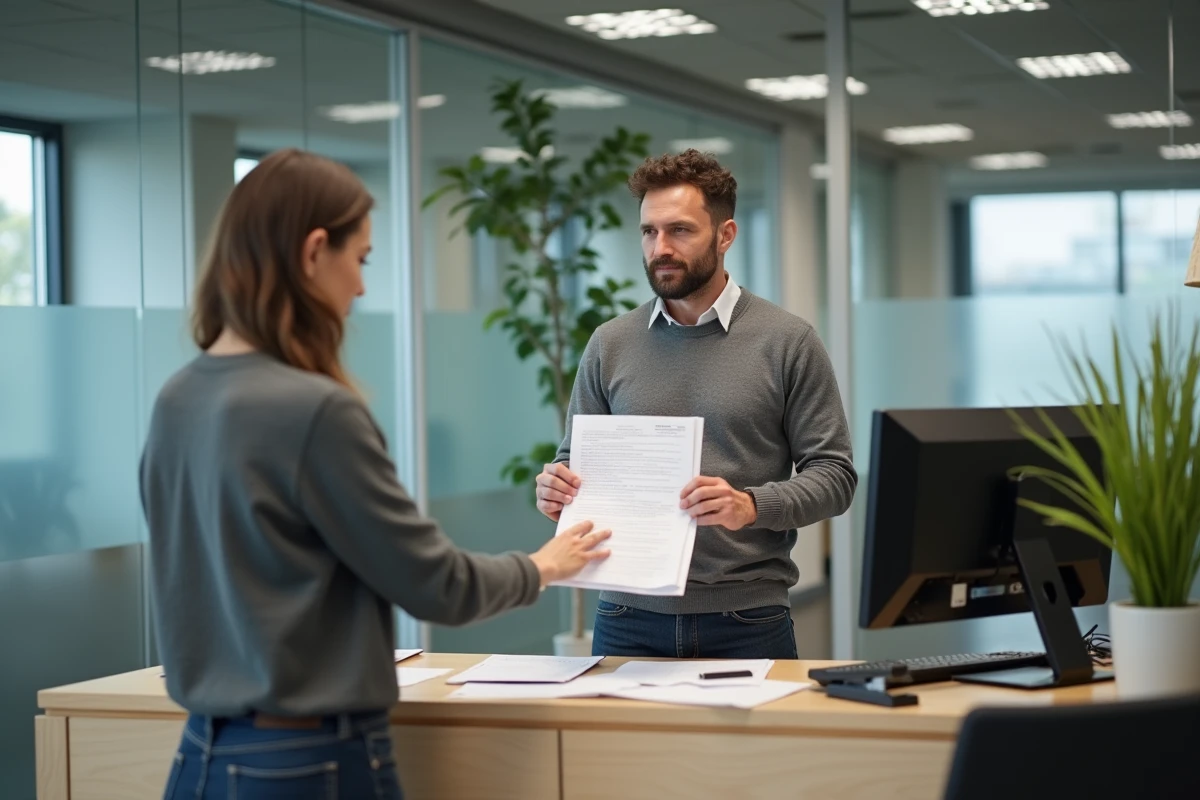 Locataire remettant le formulaire APL bailleur à un gestionnaire immobilier dans une agence de location