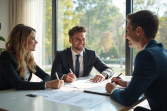 Jeune couple rencontrant un banquier dans un bureau lumineux