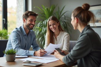 Jeune couple souriant rencontrant un conseiller financier à un bureau moderne