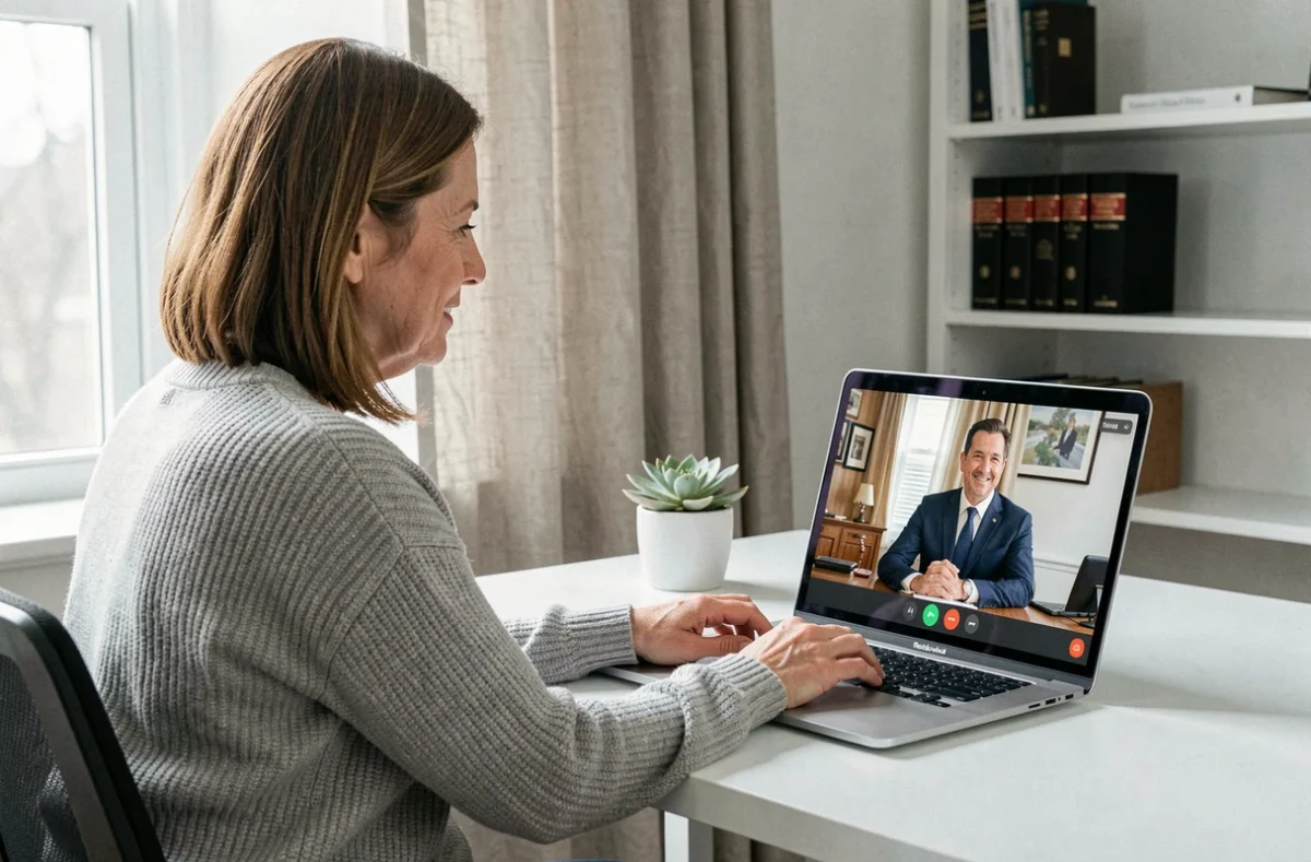 Femme consultant un notaire en ligne depuis son bureau à domicile lors d'un rendez-vous notaire gratuit en 2026