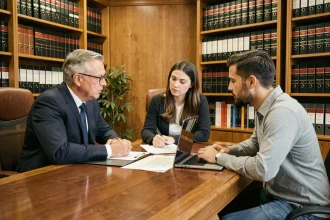 Consultation gratuite avec un notaire en 2026, un couple discute de leur dossier autour d'un bureau en bois dans un cabinet notarial professionnel