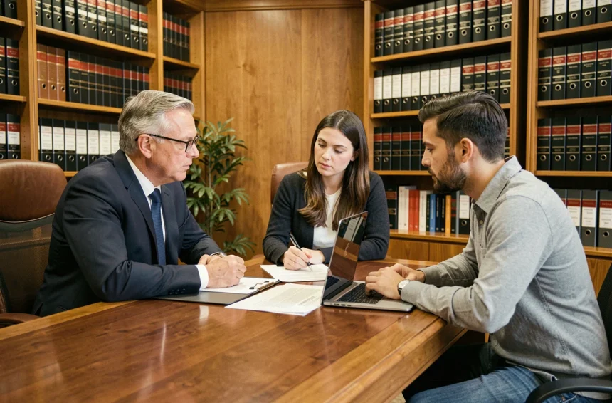 Consultation gratuite avec un notaire en 2026, un couple discute de leur dossier autour d'un bureau en bois dans un cabinet notarial professionnel