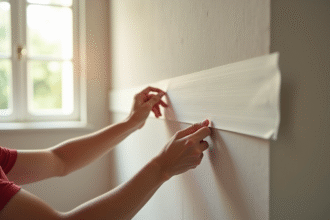 Mains appliquant bande de renfort sur mur en placo