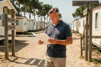 Repreneur de camping en bord de mer examinant des documents à l'entrée du site avec des mobil-homes et des pins en arrière-plan