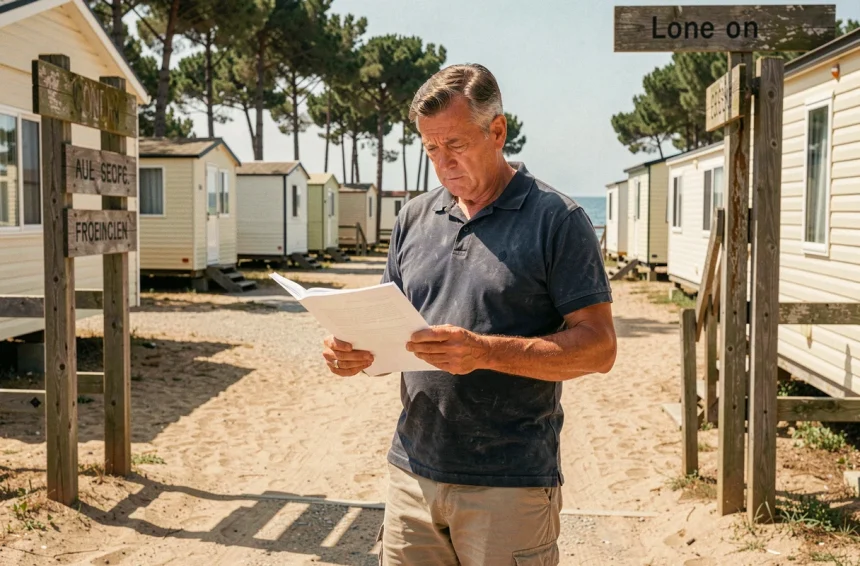 Repreneur de camping en bord de mer examinant des documents à l'entrée du site avec des mobil-homes et des pins en arrière-plan