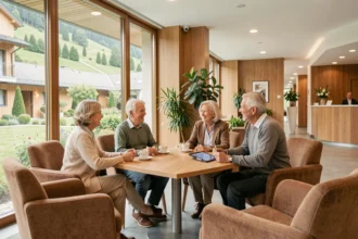 Seniors actifs partageant un moment convivial dans le salon commun d'une résidence senior avec services en Auvergne-Rhône-Alpes