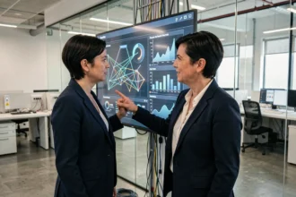 Responsable DSI féminine interagissant avec un tableau de bord digital dans un bureau informatique moderne d'Enedis