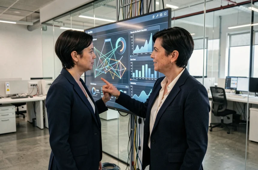 Responsable DSI féminine interagissant avec un tableau de bord digital dans un bureau informatique moderne d'Enedis