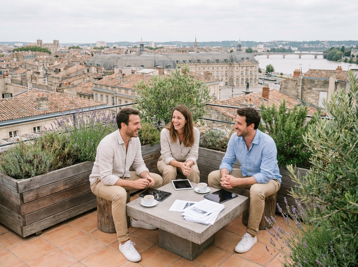 Réunion professionnelle sur une terrasse rooftop avec vue panoramique sur les toits de Bordeaux et la Place de la Bourse