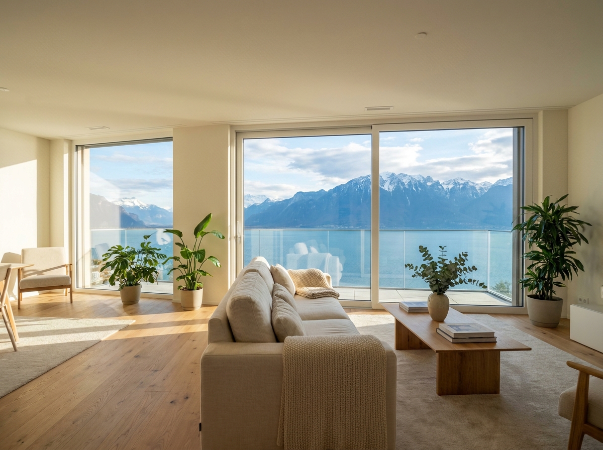 Salon lumineux d'un appartement neuf à Thonon-les-Bains avec baies vitrées offrant une vue sur le lac Léman et les Alpes
