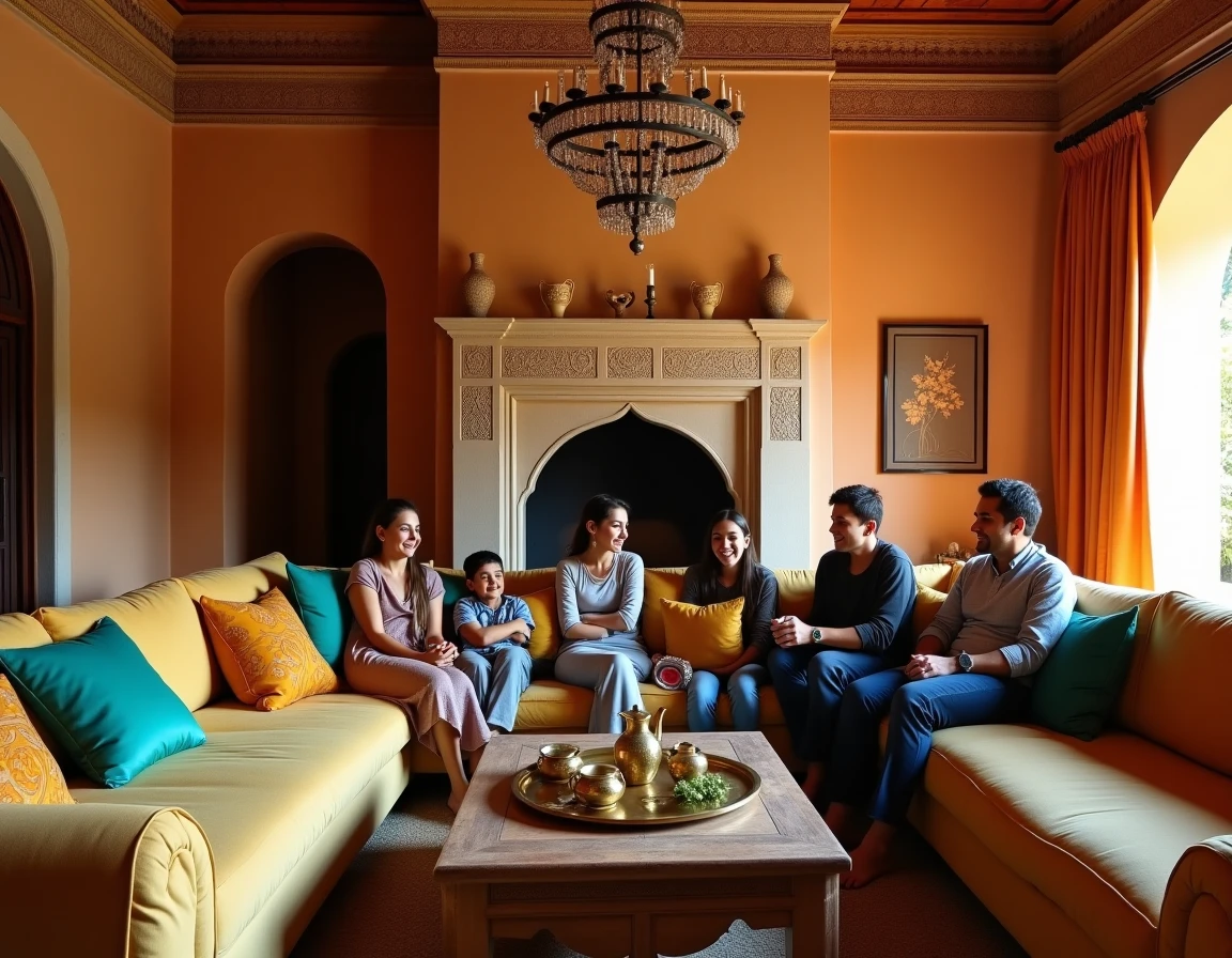 Salon intérieur d'un riad à Marrakech avec famille réunie autour d'un service de thé, plafond en cèdre sculpté et décoration traditionnelle marocaine