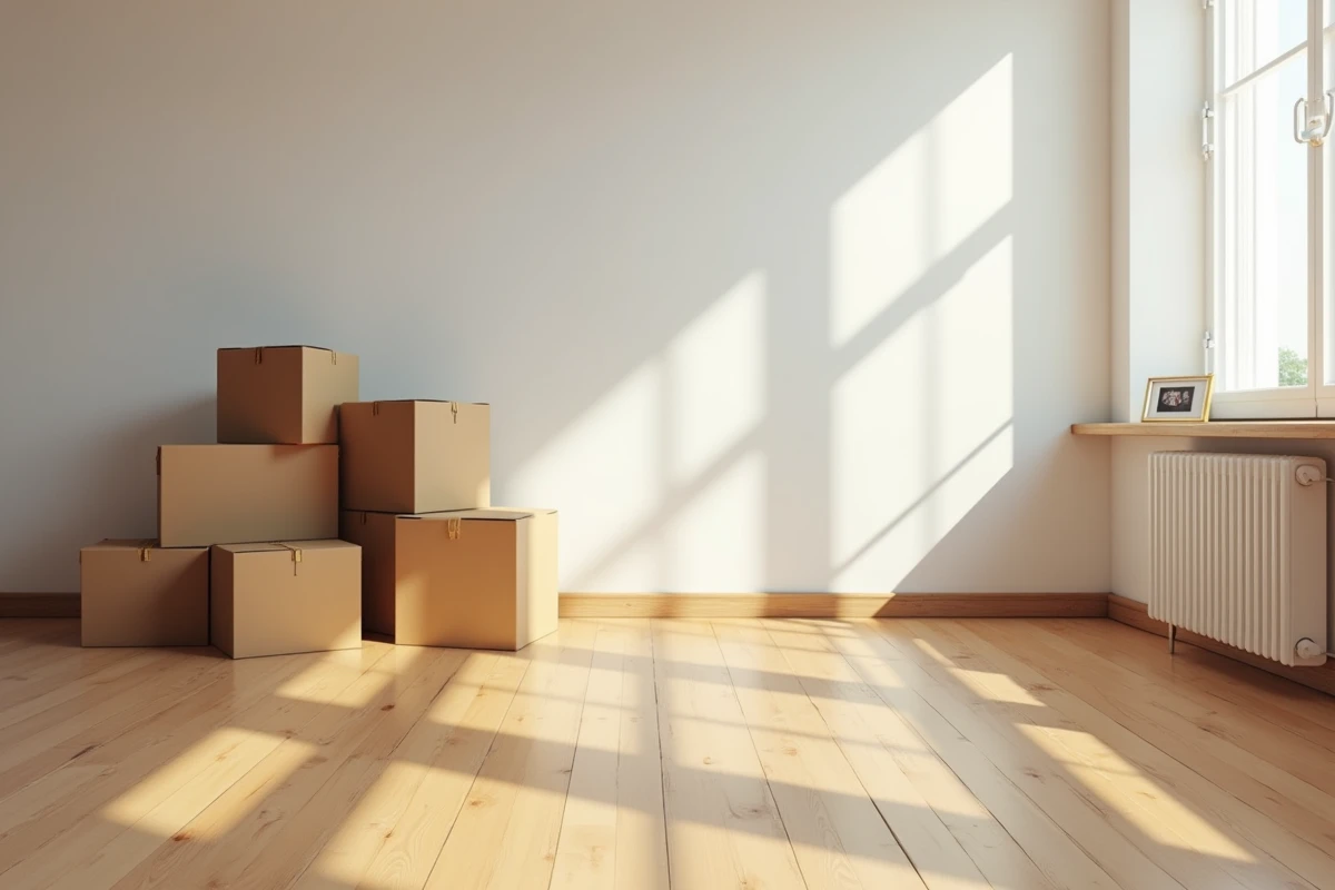Salon vide avec cartons de déménagement et cadre retourné symbolisant une maison à vendre en urgence suite à un divorce