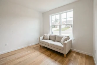 Salon vide et épuré d'une maison en vente, mise en scène minimaliste pour séduire les acheteurs