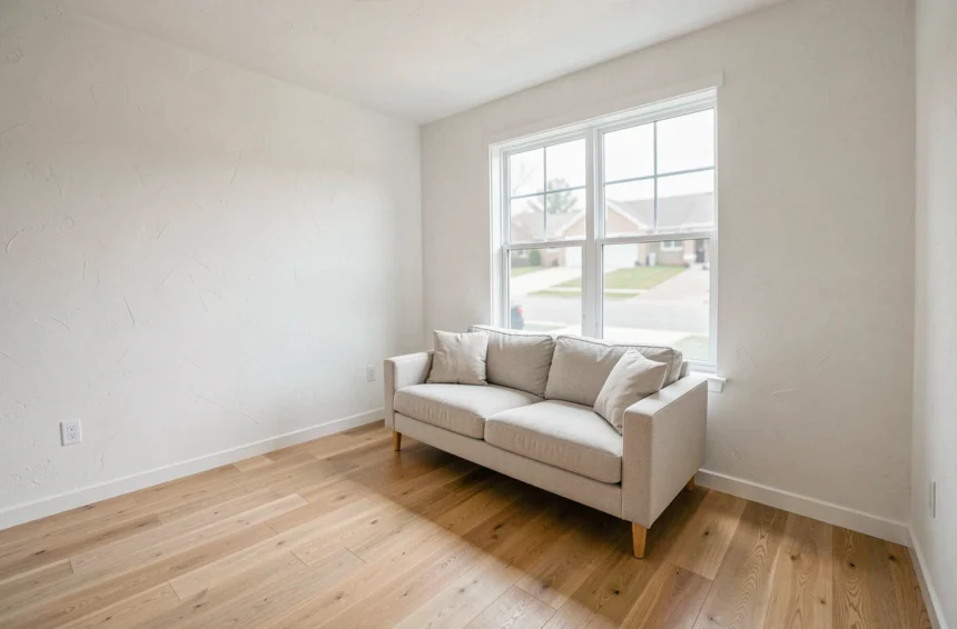 Salon vide et épuré d'une maison en vente, mise en scène minimaliste pour séduire les acheteurs