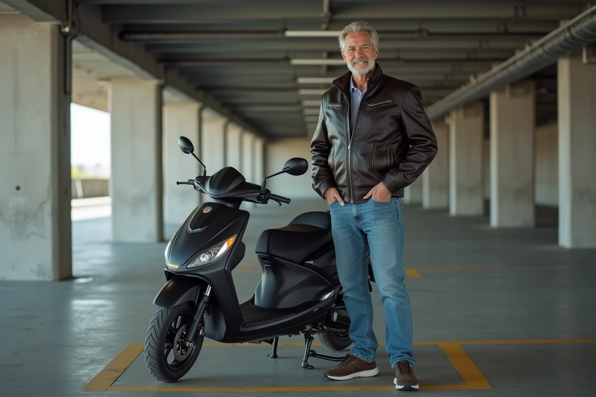 Homme avec scooter garé dans un parking souterrain avec emplacement délimité par des lignes jaunes peintes au sol