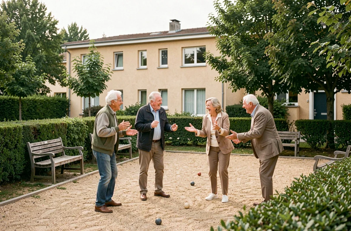 Groupe de seniors jouant à la pétanque dans l'espace extérieur des Senioriales de Bourgoin-Jallieu