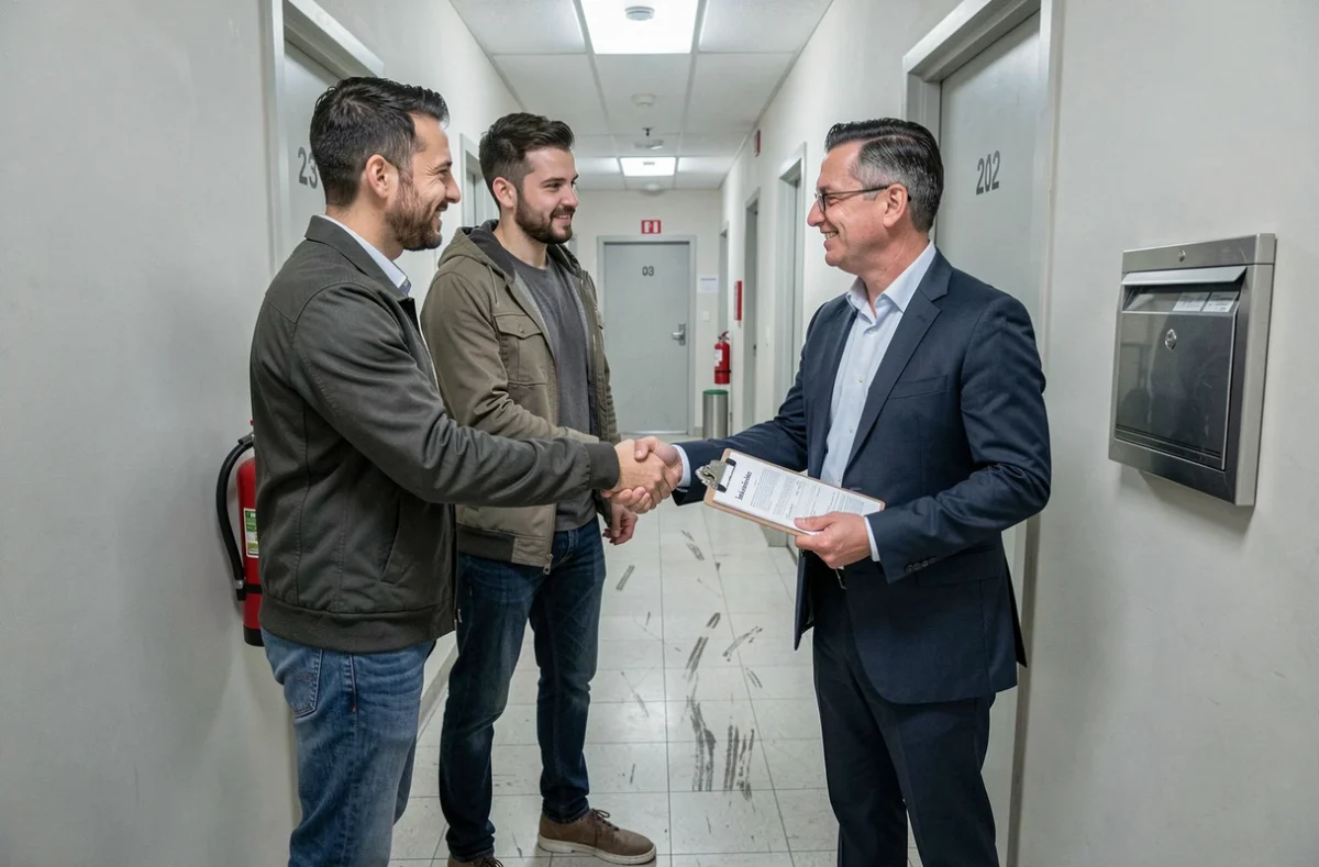 Deux colocataires signant un contrat d'assurance habitation avec un agent dans le couloir de leur immeuble