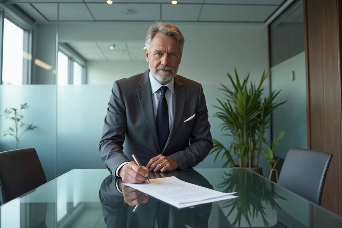 Homme signant une lettre de mainlevée d'hypothèque devant notaire dans une salle de réunion moderne
