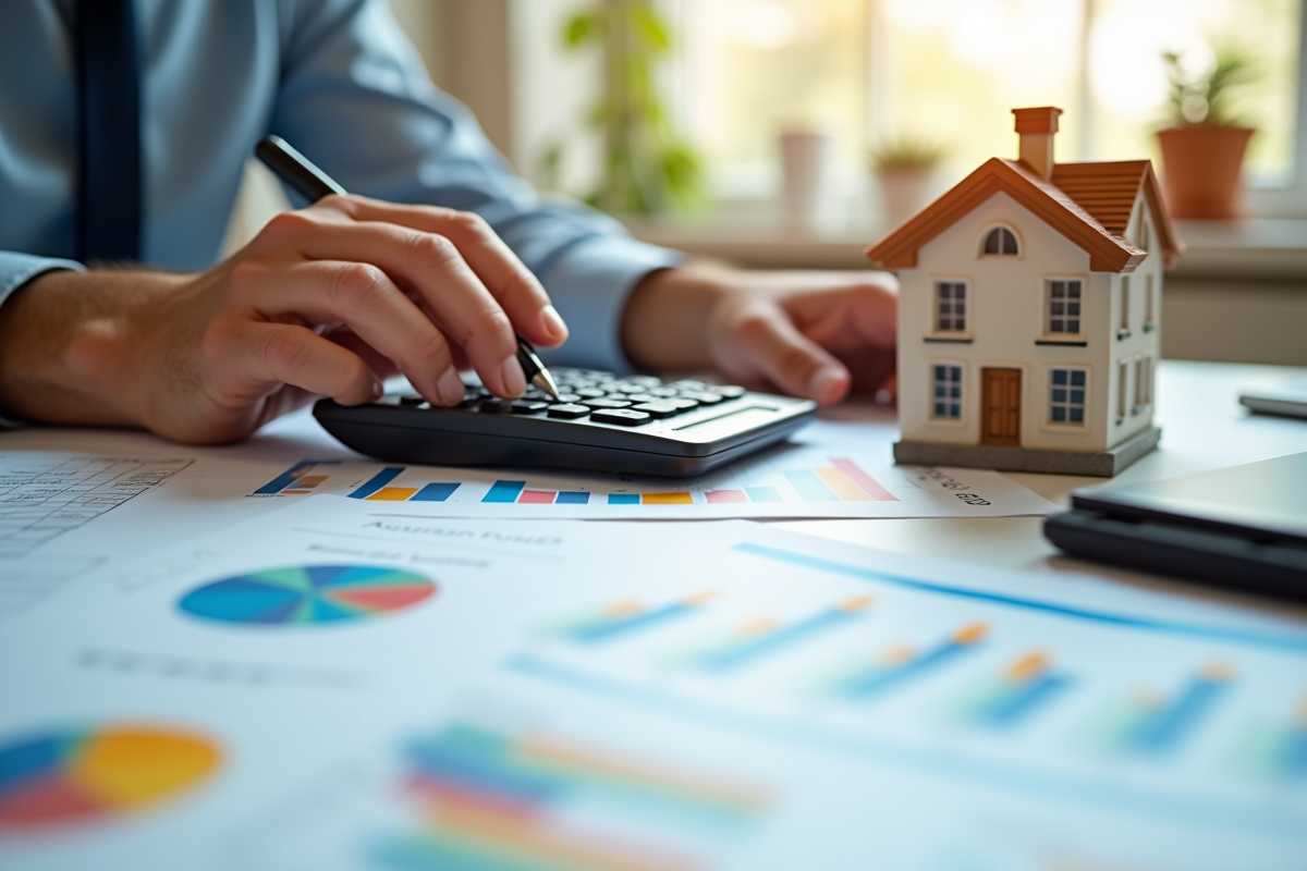 Gros plan sur des mains signant un contrat de prêt immobilier avec des graphiques