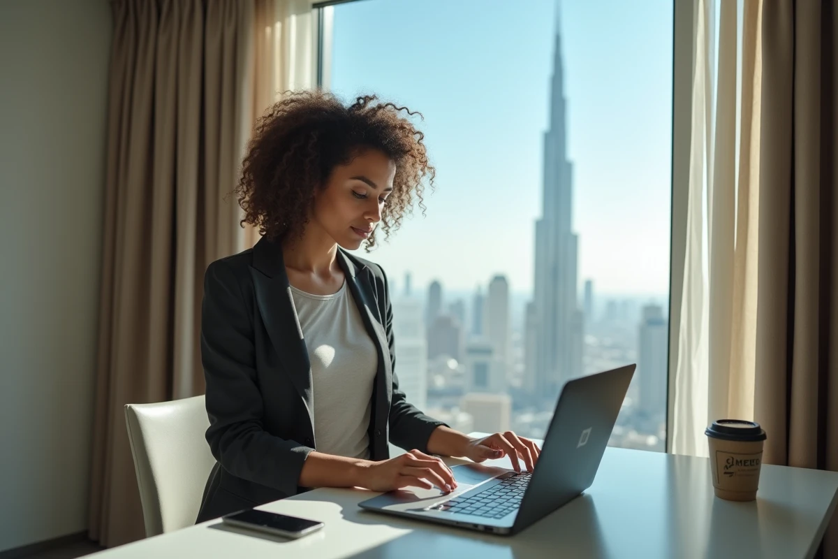 Femme en télétravail dans un appartement meublé de Downtown Dubaï avec vue sur le Burj Khalifa