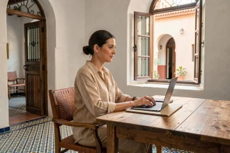 Femme en télétravail dans un appartement de style marocain à Marrakech avec carrelage zellige et murs en tadelakt