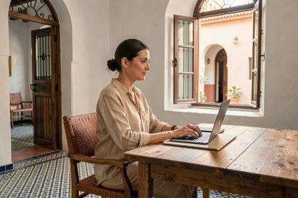 Femme en télétravail dans un appartement de style marocain à Marrakech avec carrelage zellige et murs en tadelakt