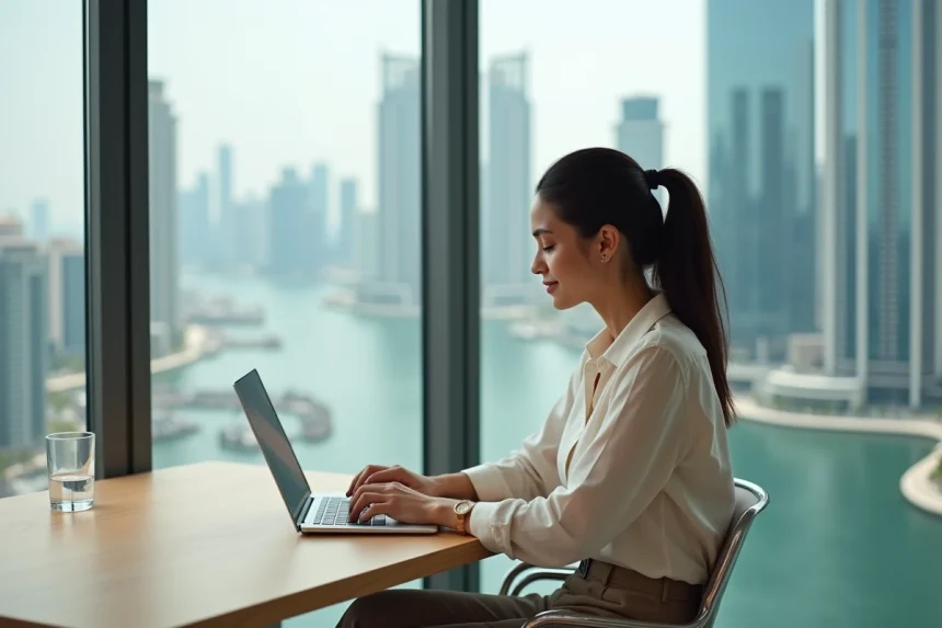 Femme en télétravail dans un espace de coworking moderne à Dubai Marina avec vue sur les tours en verre